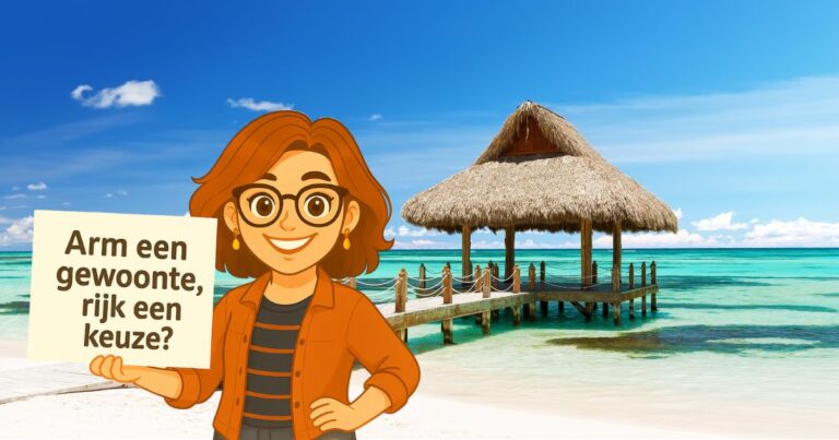 Avatar aan strand met bordje arm is een gewoonte en rijk een keuze